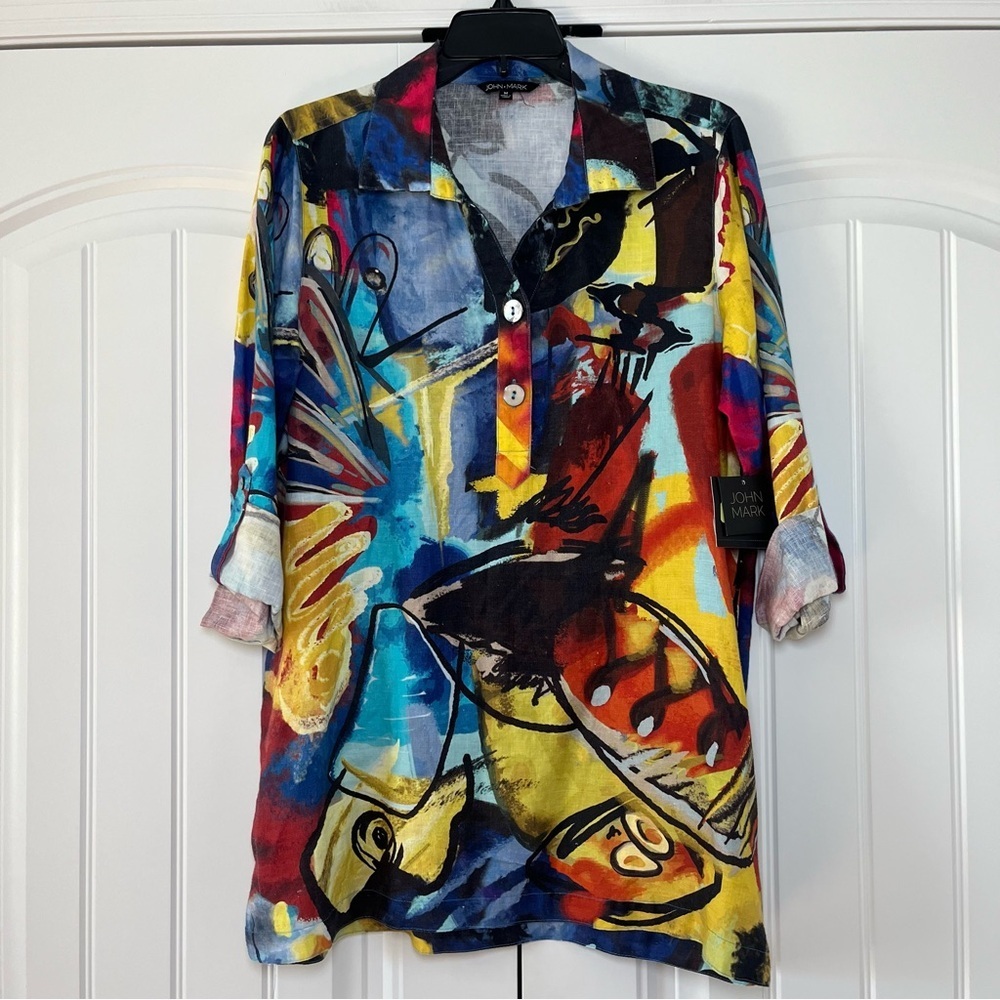 John Mark Linen Tunic Blouse Abstract Print Watercolor Art To Wear NWT Medium